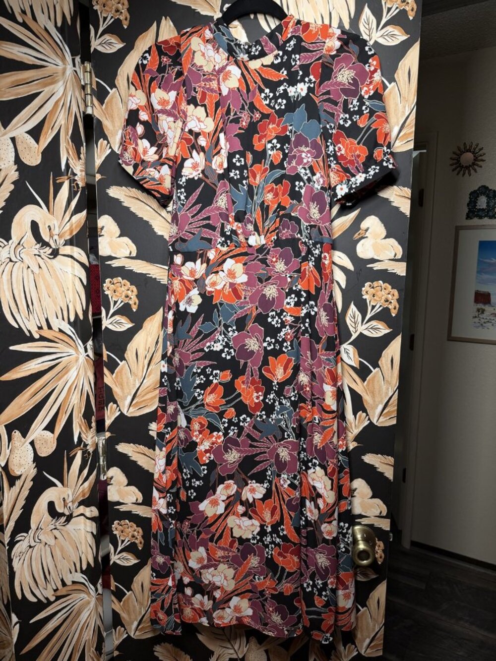 Julia Jordan Black Floral Short Sleeve Dress Side Slit Neck Tie Size 2